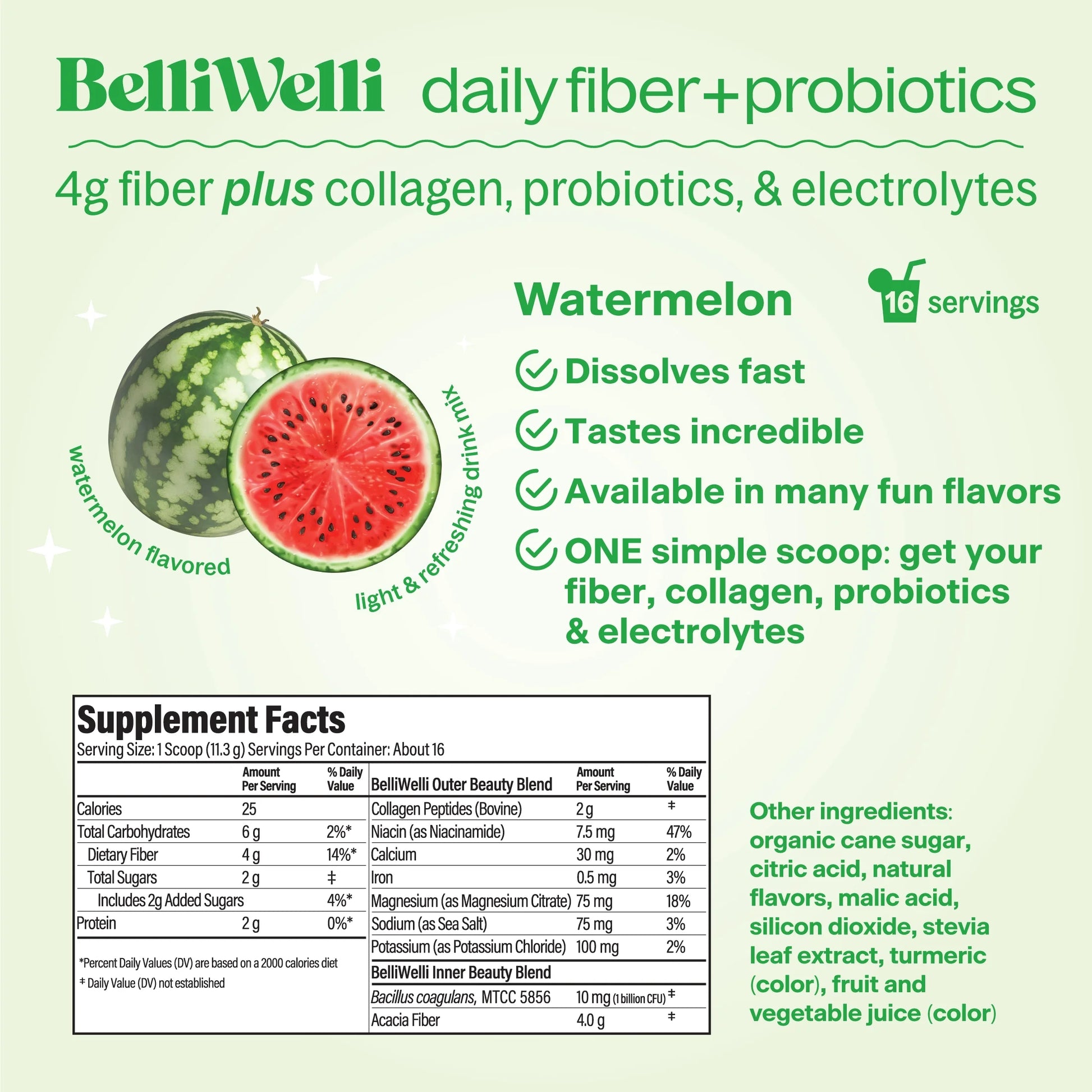 Daily Fiber Supplement with Probiotics, Electrolytes, and Collagen - Watermelon, 6.4 Oz
